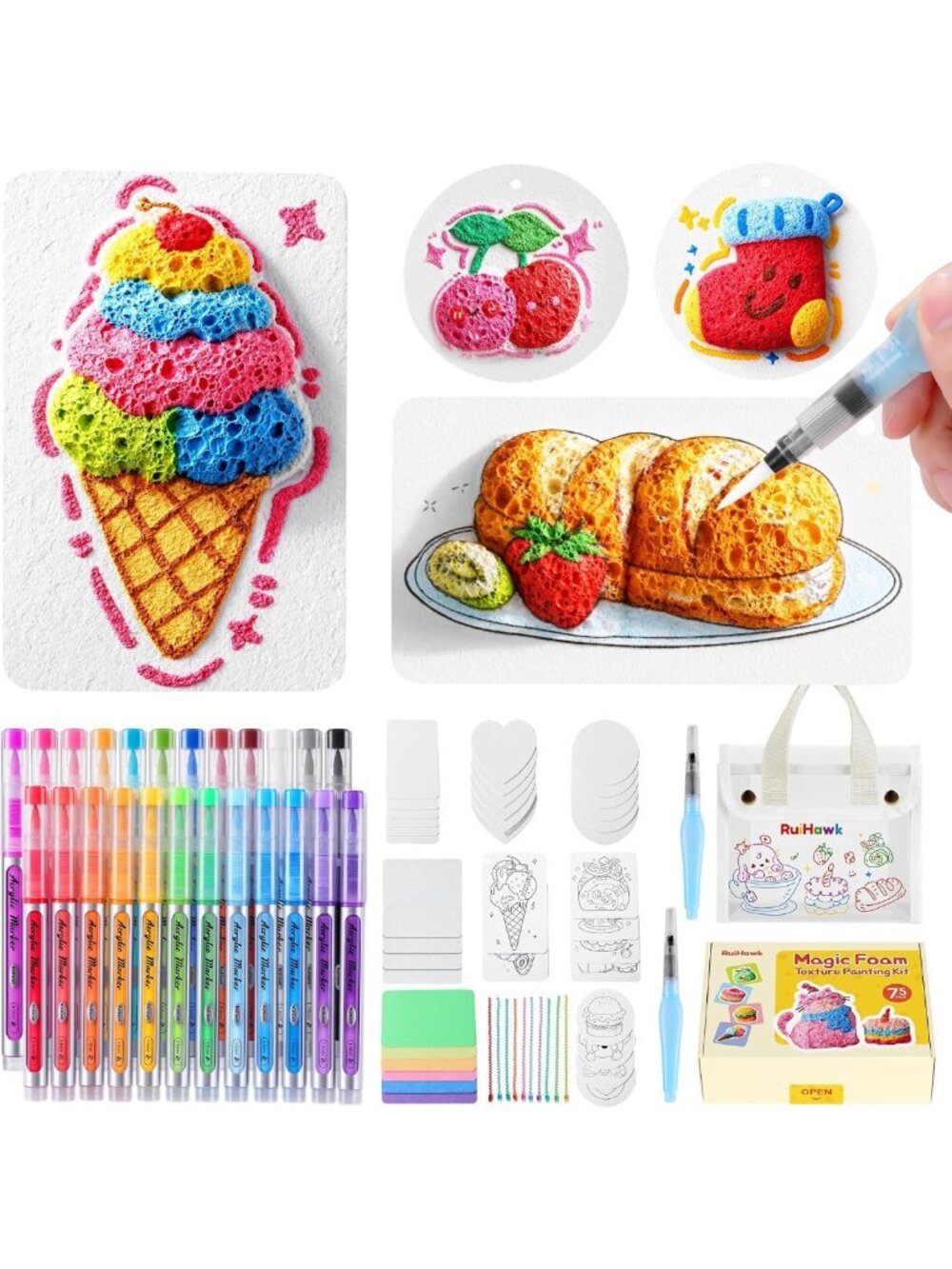 3D Magic Foam Painting Kit - 75 Pcs Puff Paint Supplies, Auto-Flow Markers